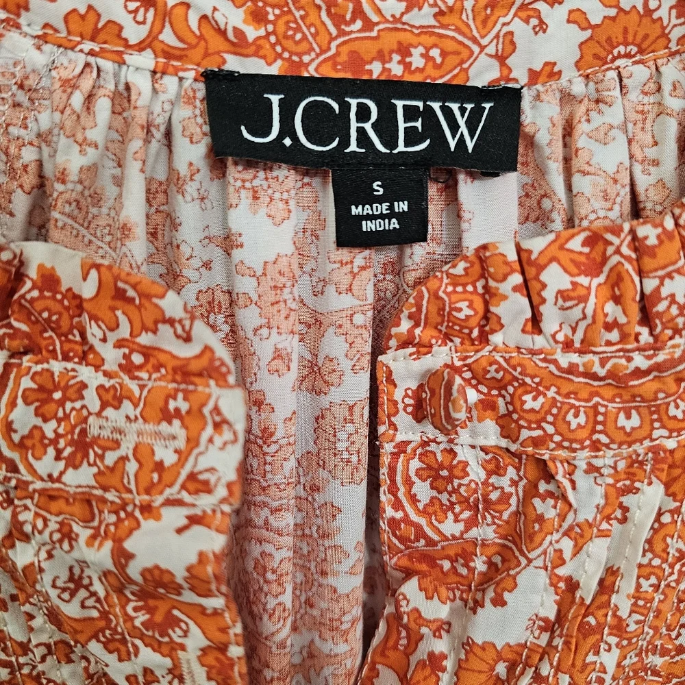 Nwot J.Crew Orange White Floral LS Ruffled Neck Fit/Flare Button Front  Dress